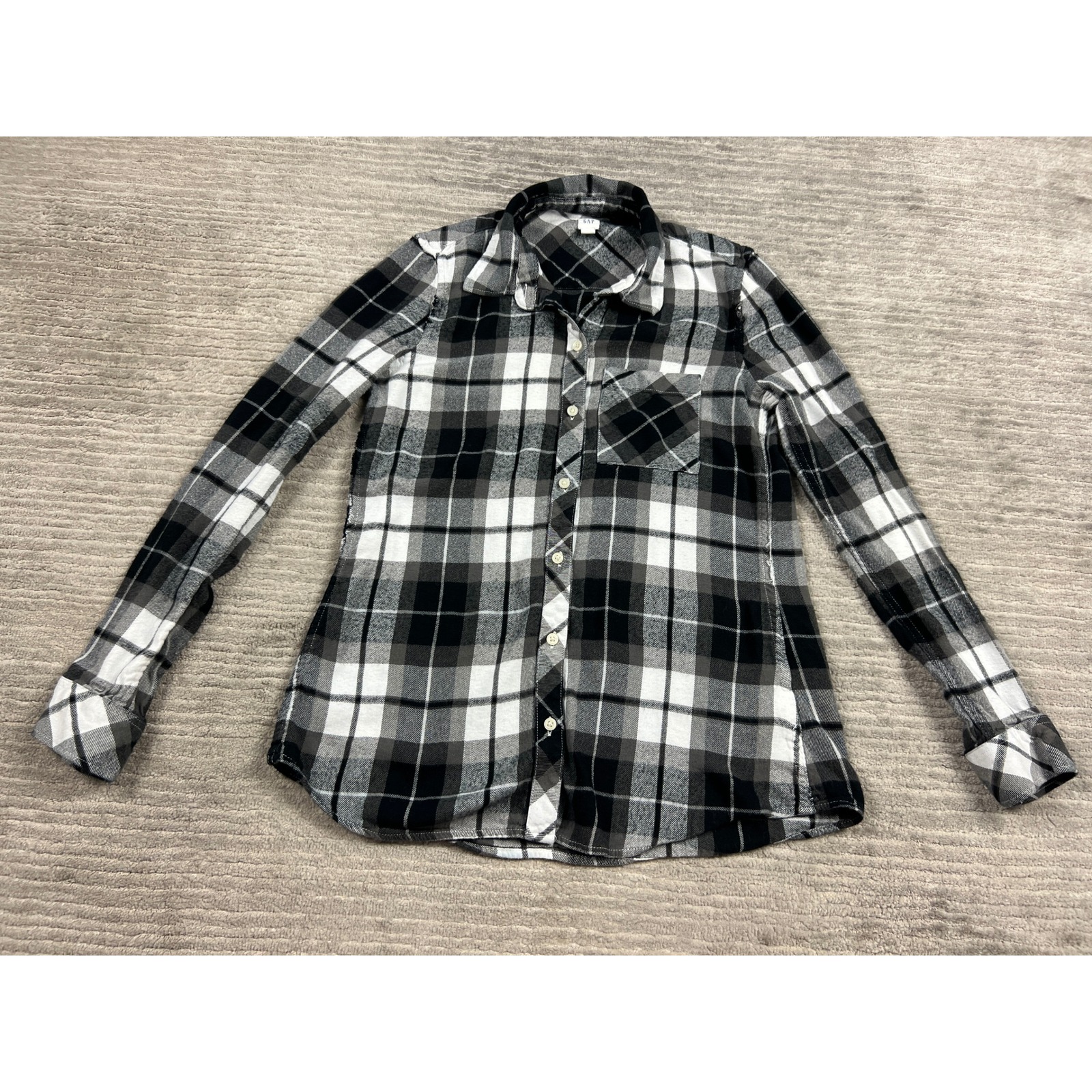 Gap Button Up Shirt Womens S Black White Plaid Flannel Long Sleeve Cotton Rayon